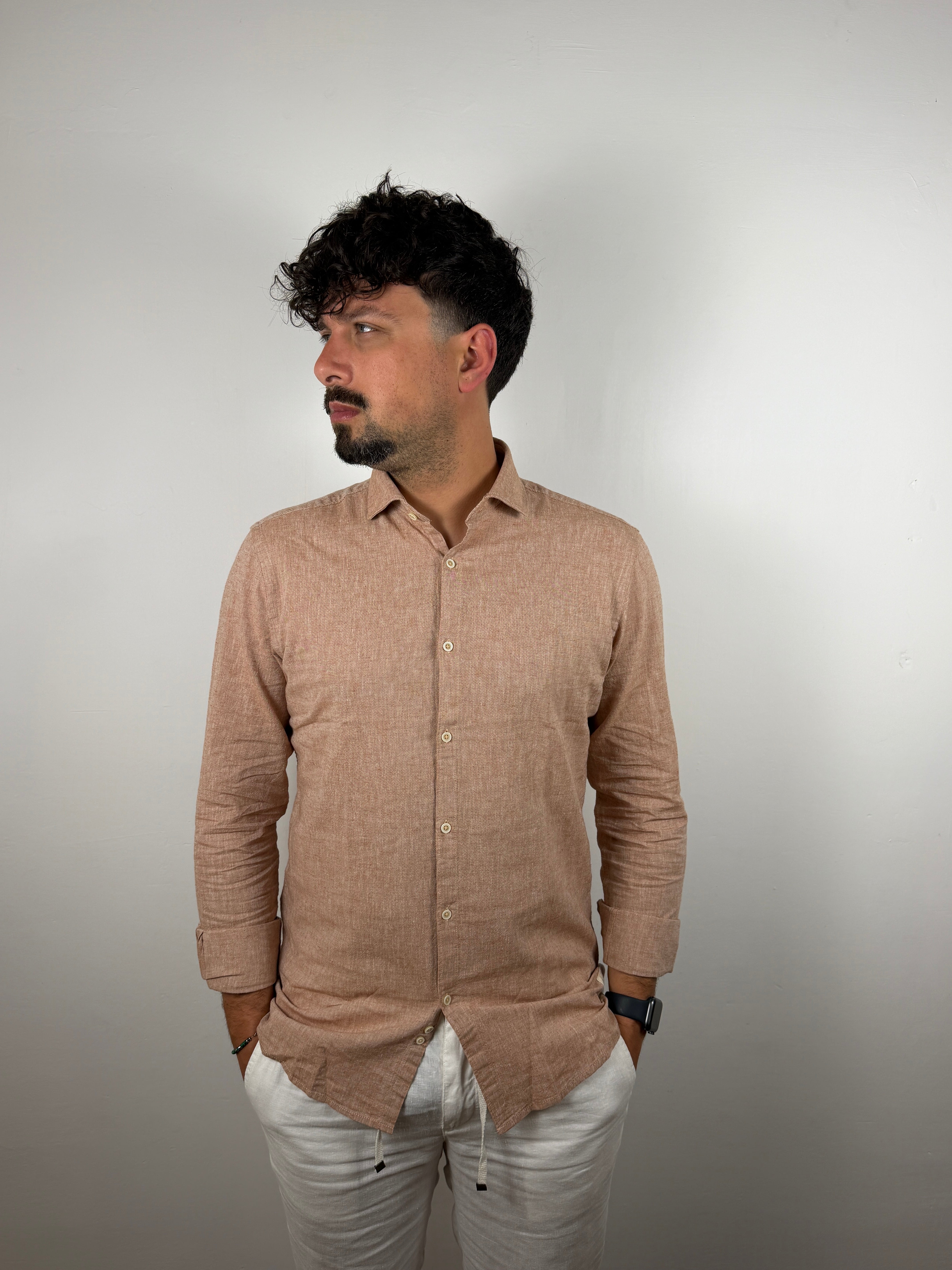 CAMICIA COLLO FRANCESE MISTO LINO OVER-D CACAO