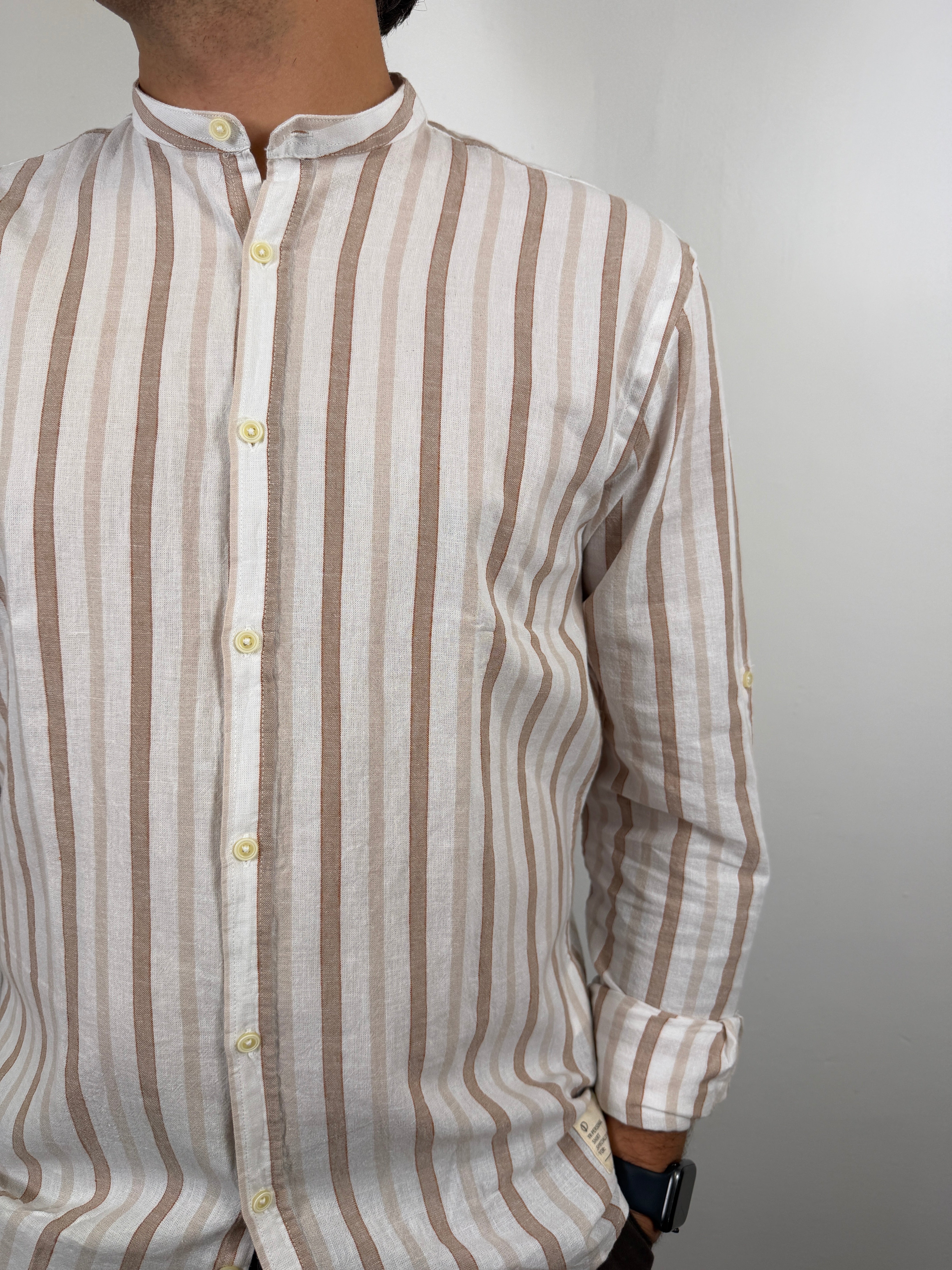 CAMICIA COLLO COREANO RIGHE OVER-D CACAO