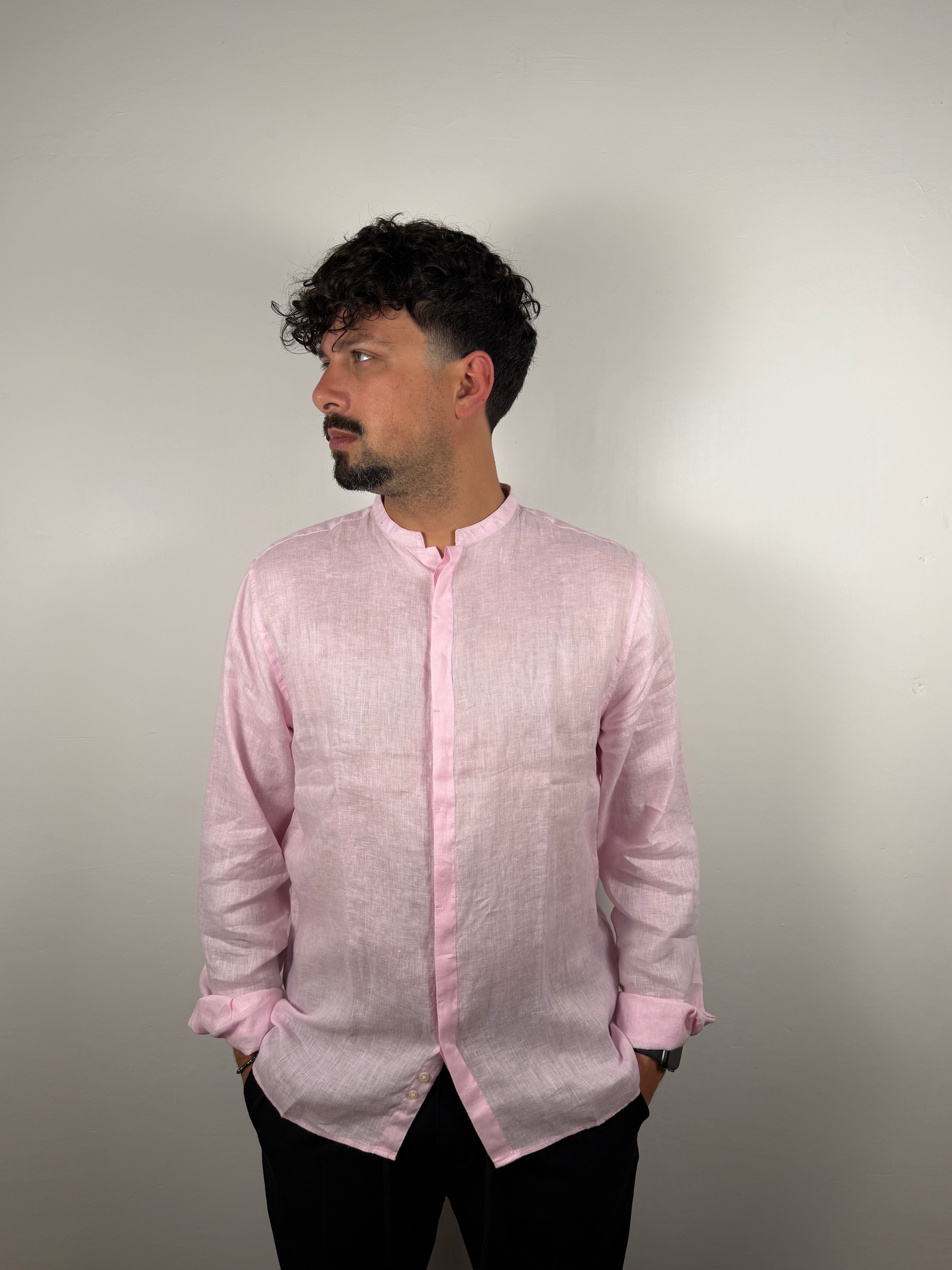 CAMICIA LINO COLLO COREANA BERNA ROSA