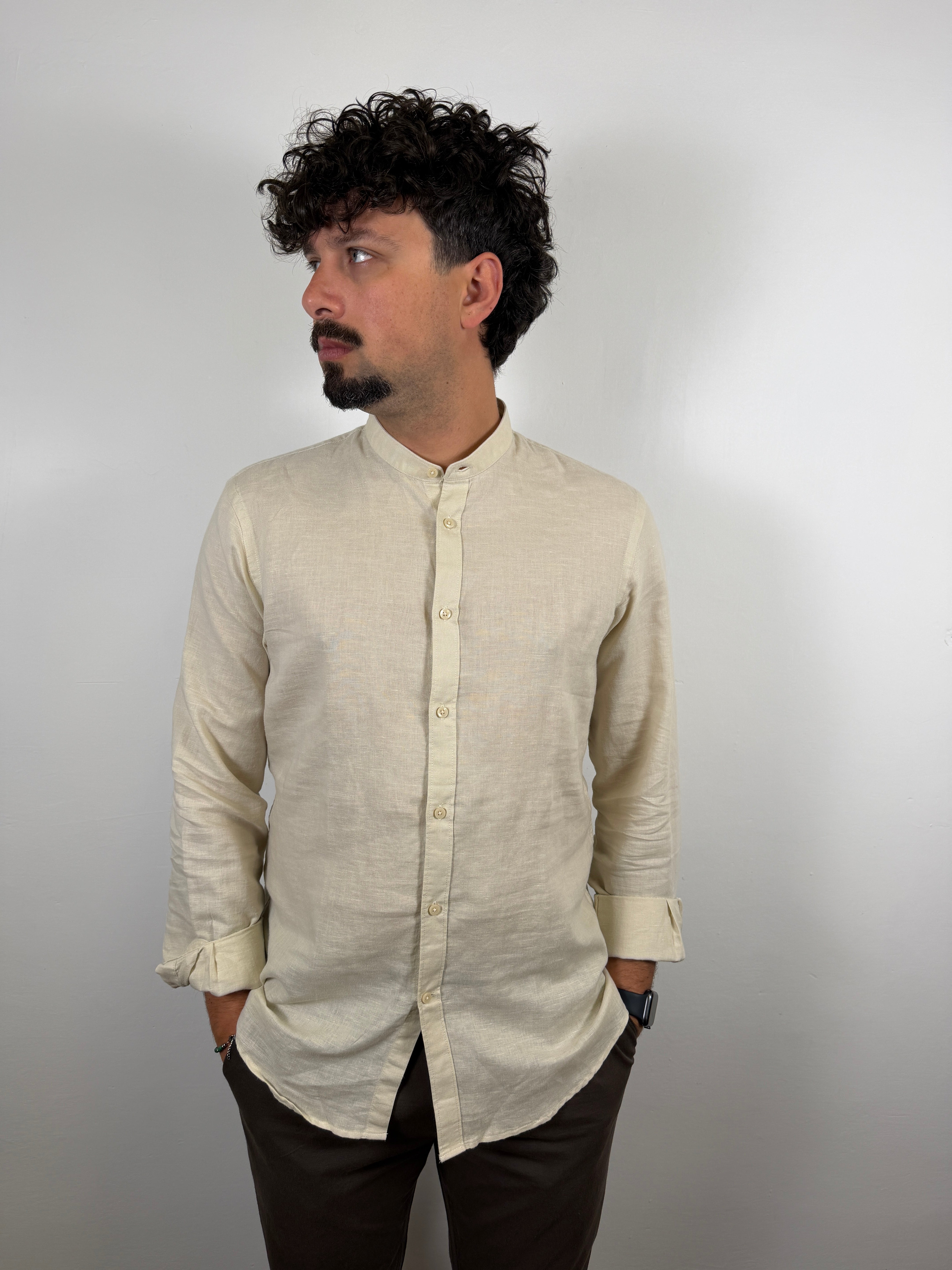 CAMICIA COLLO COREANO MISTO LINO OVER D BEIGE