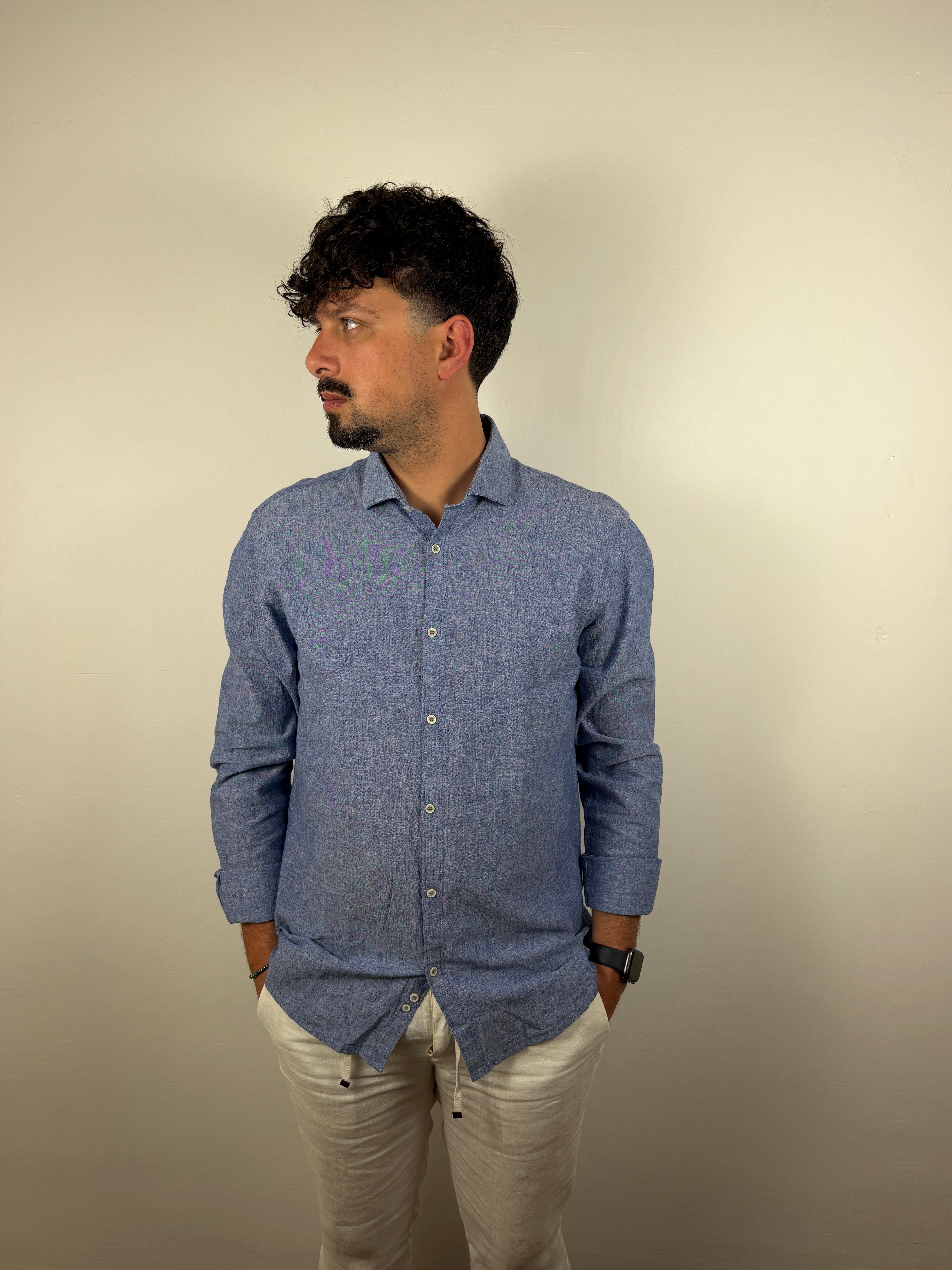 CAMICIA COLLO FRANCESE MISTO LINO OVER-D BLU JEANS