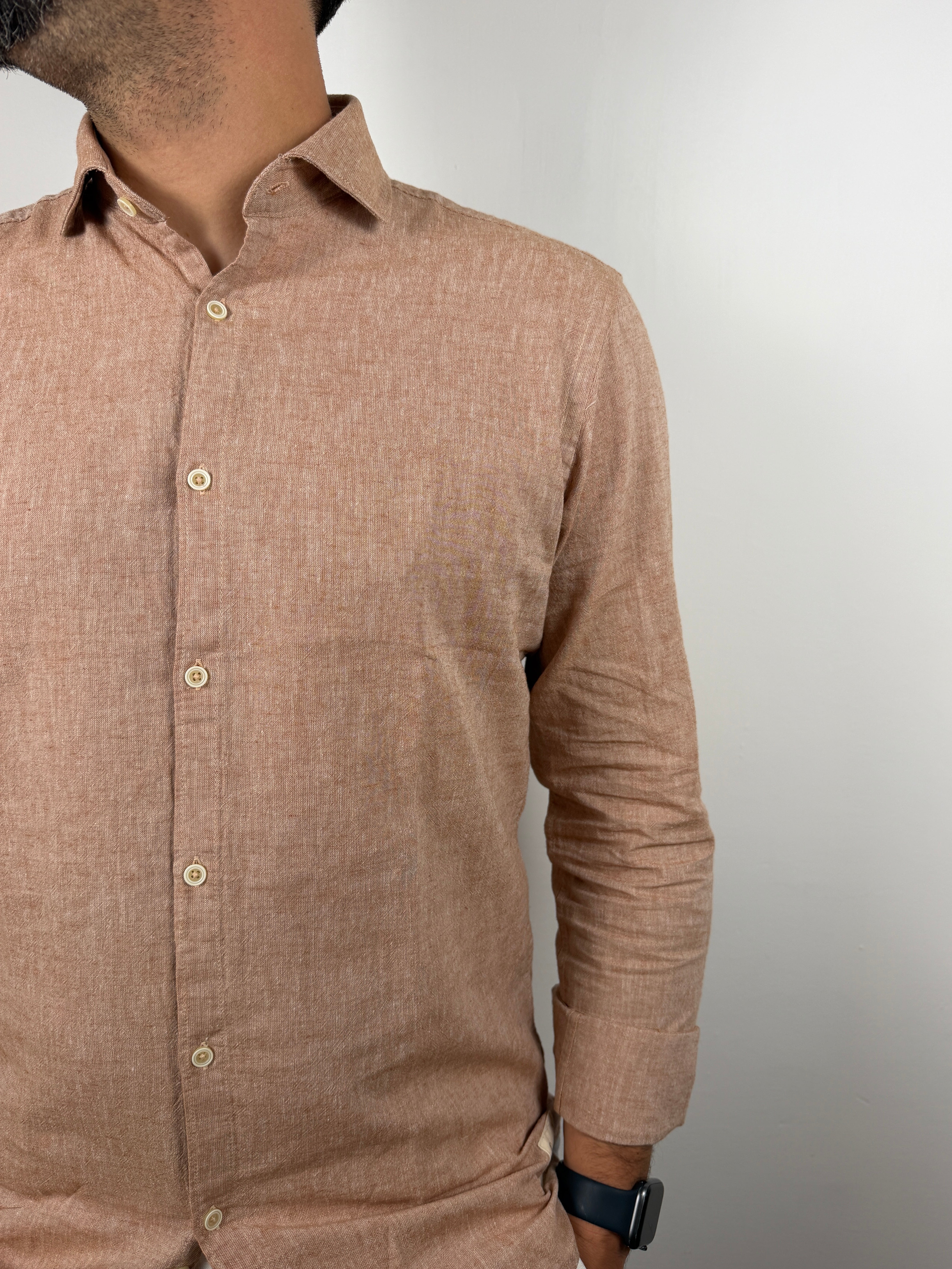 CAMICIA COLLO FRANCESE MISTO LINO OVER-D CACAO