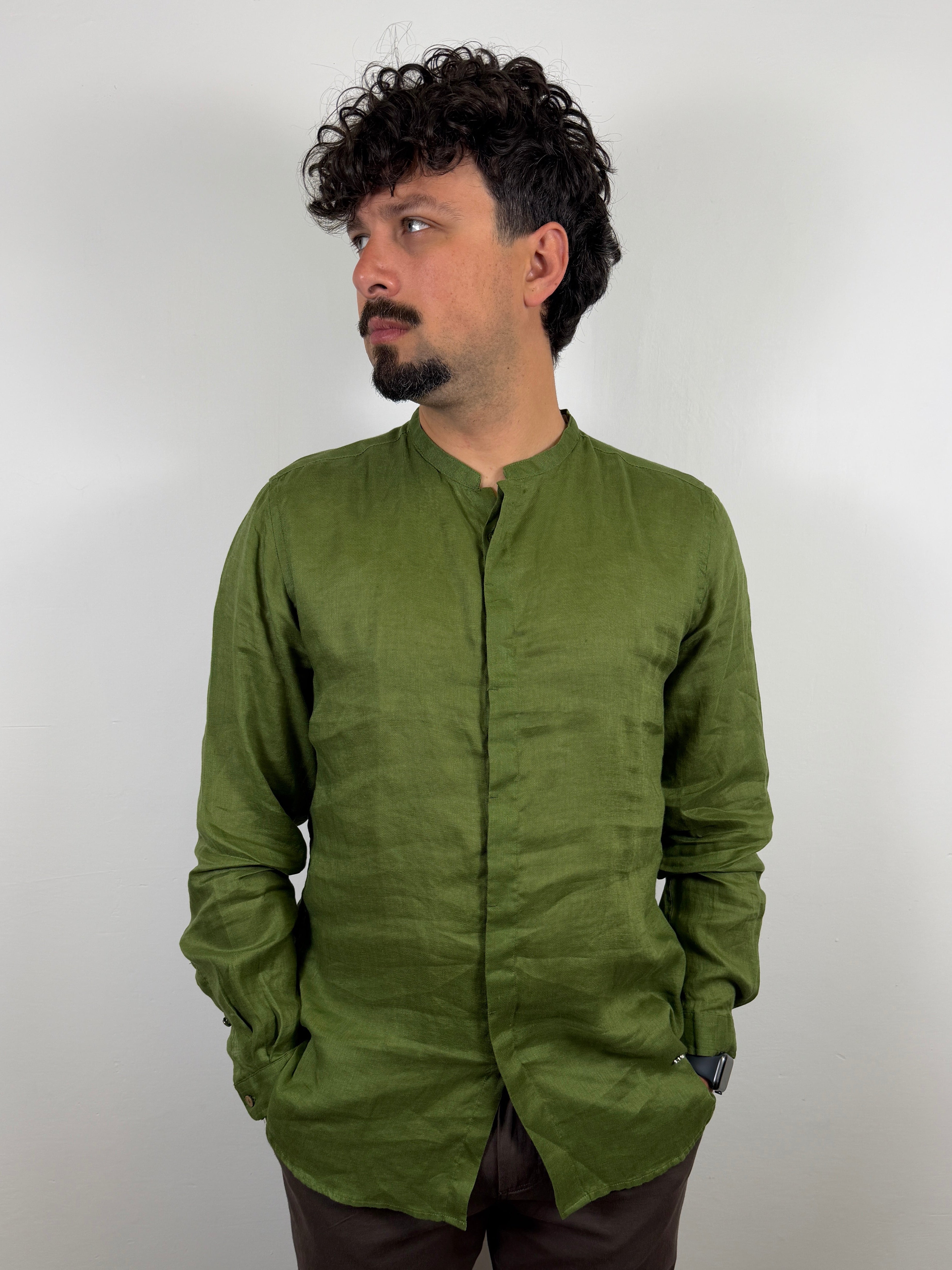 CAMICIA LINO COLLO COREANA BERNA VERDE SCURO