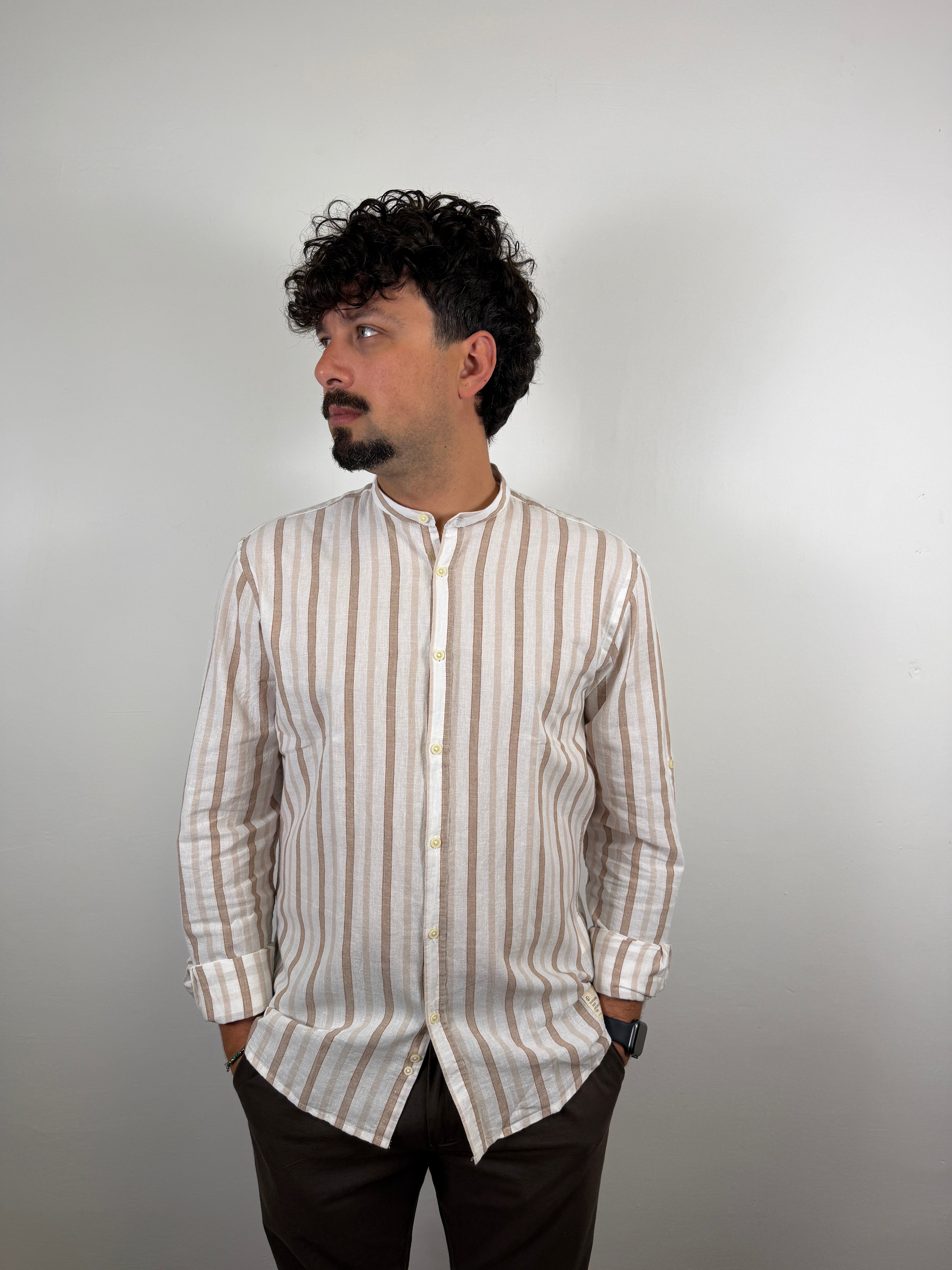 CAMICIA COLLO COREANO RIGHE OVER-D CACAO