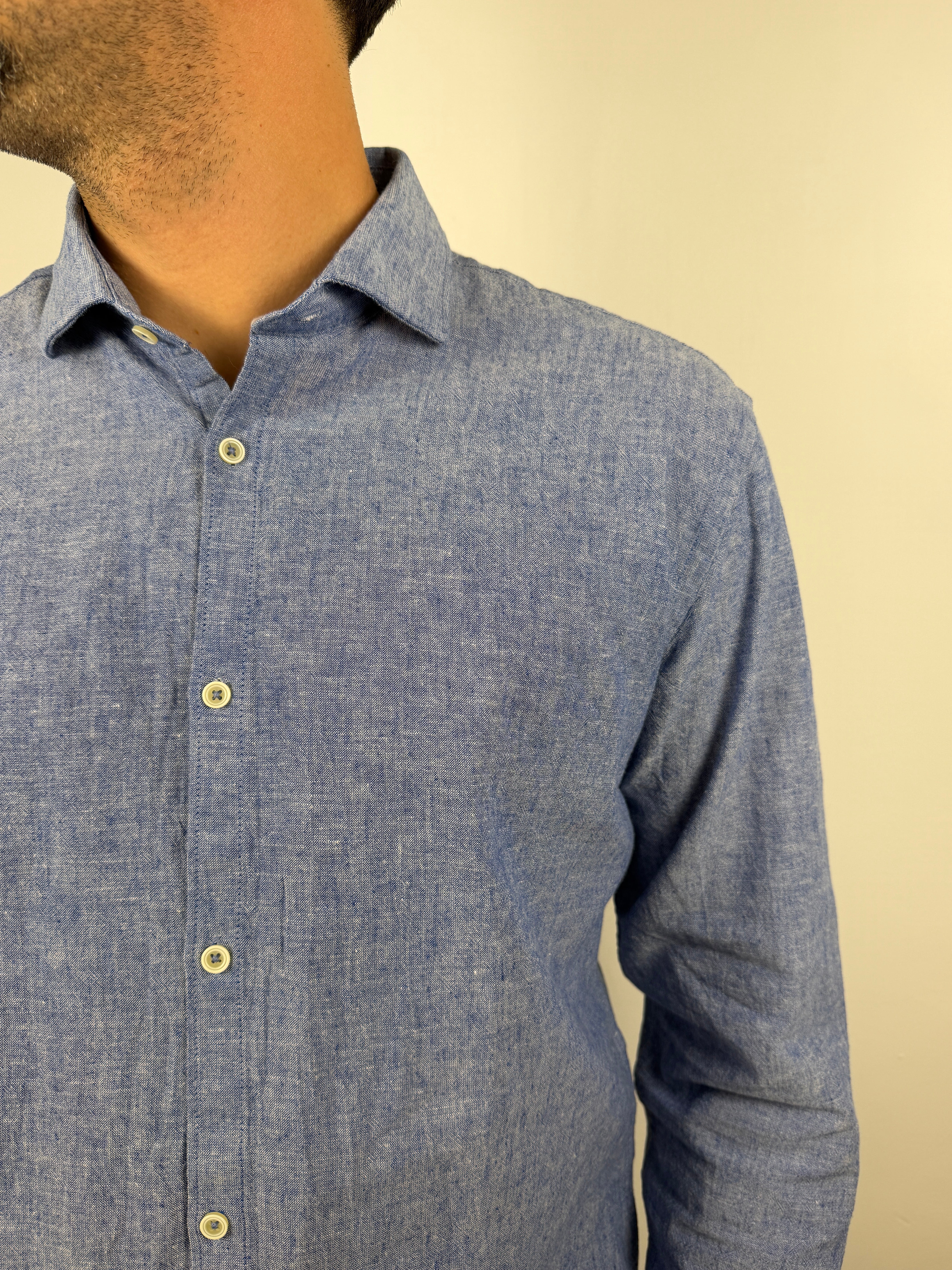 CAMICIA COLLO FRANCESE MISTO LINO OVER-D BLU JEANS