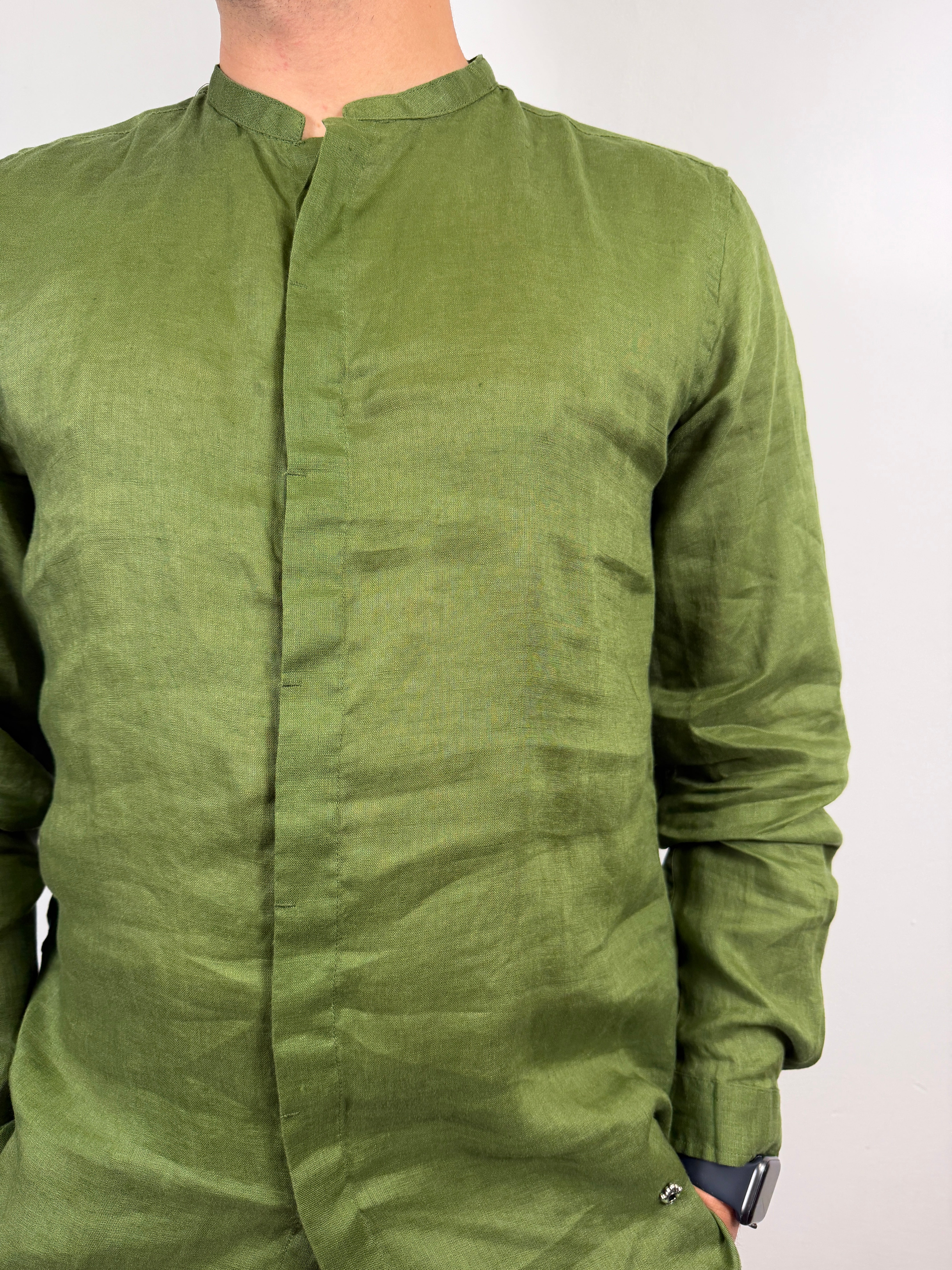 CAMICIA LINO COLLO COREANA BERNA VERDE SCURO