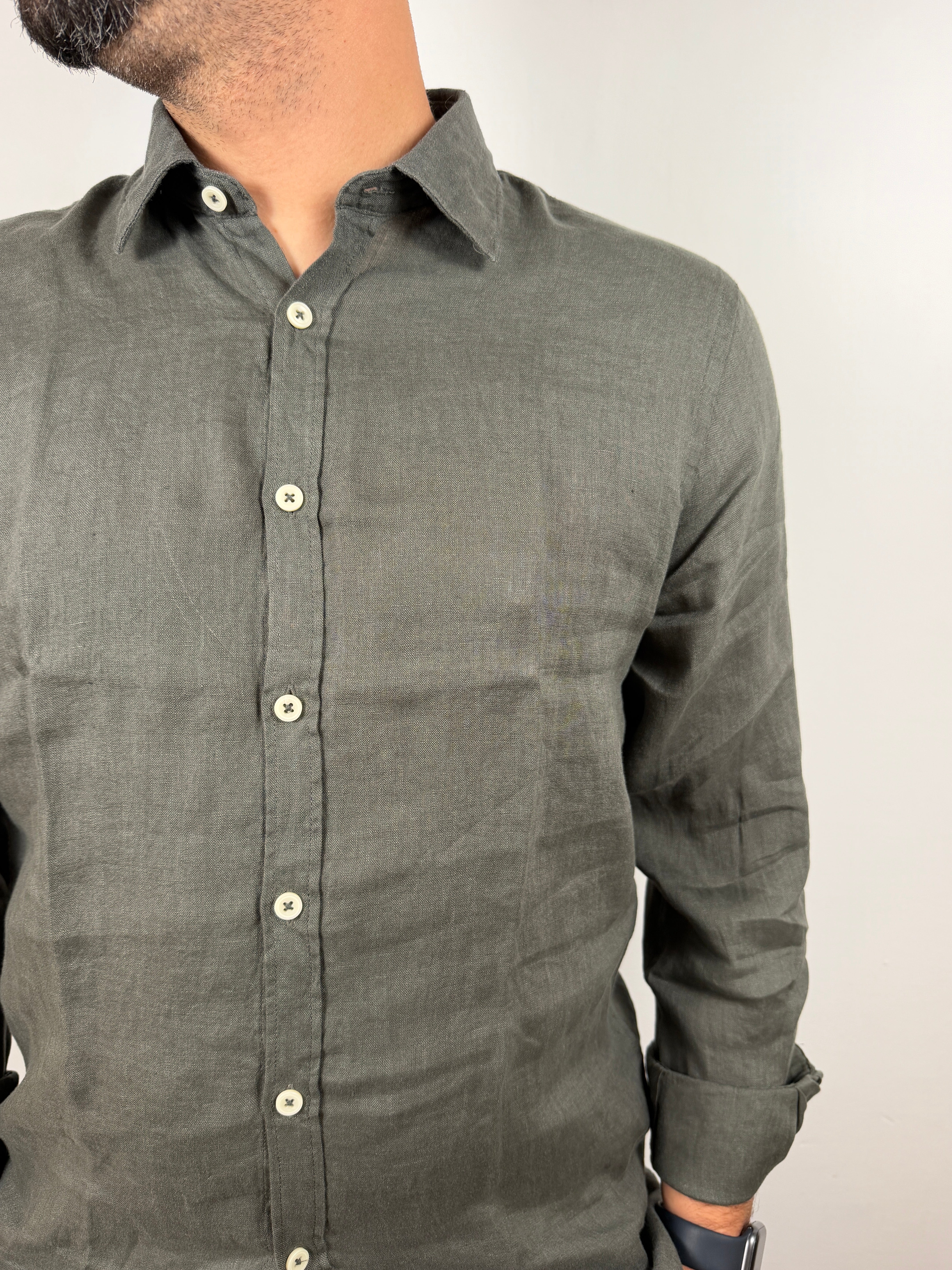 CAMICIA COLLO FRANCESE LINO BL11 VERDE SCURO