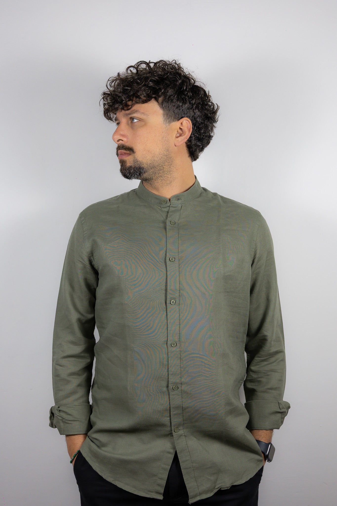 CAMICIA COLLO COREANO MISTO LINO OVER D VERDE SCURO