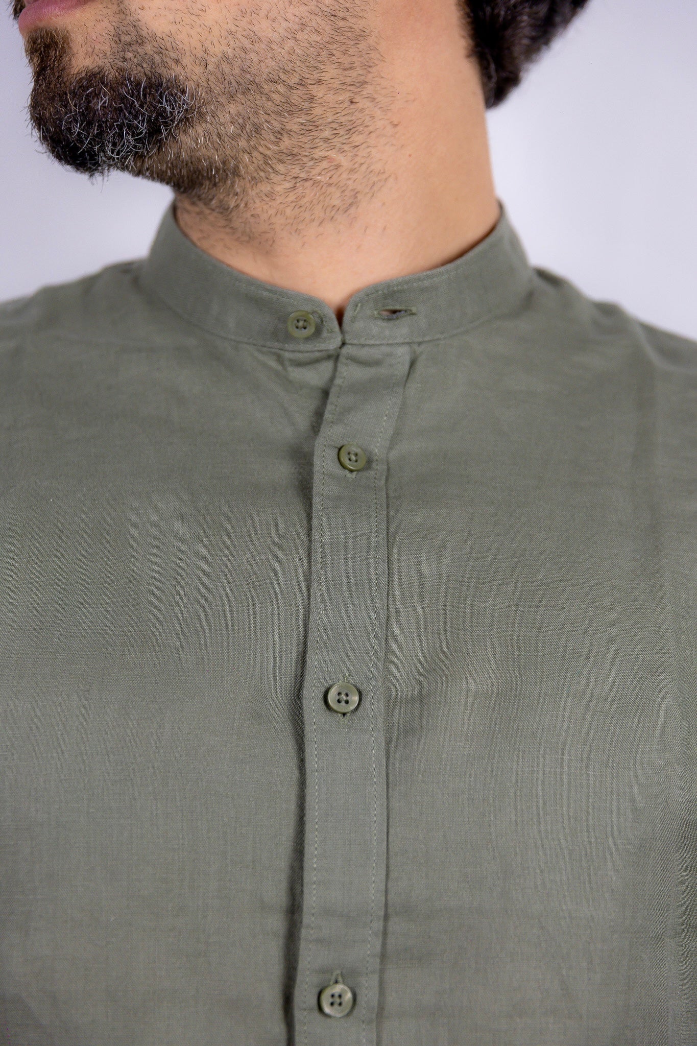 CAMICIA COLLO COREANO MISTO LINO OVER D VERDE SCURO