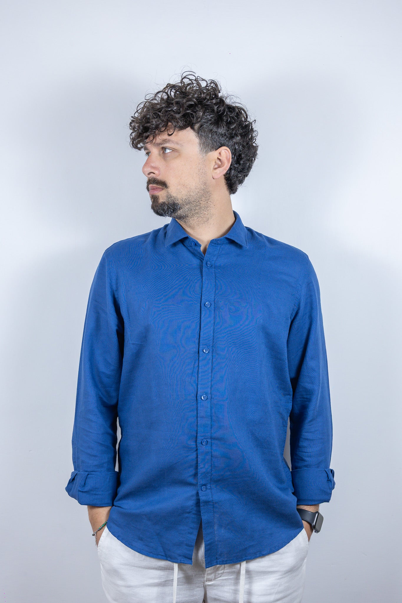 CAMICIA COLLO FRANCESE MISTO LINO OVER D BLU