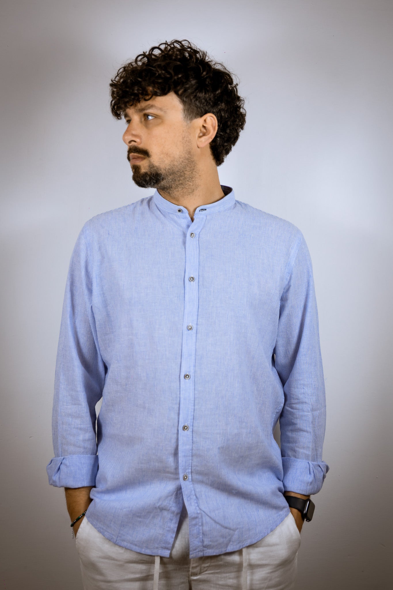 CAMICIA COREANO MISTO LINO BL11 MICRORIGHE BIANCA CELESTE