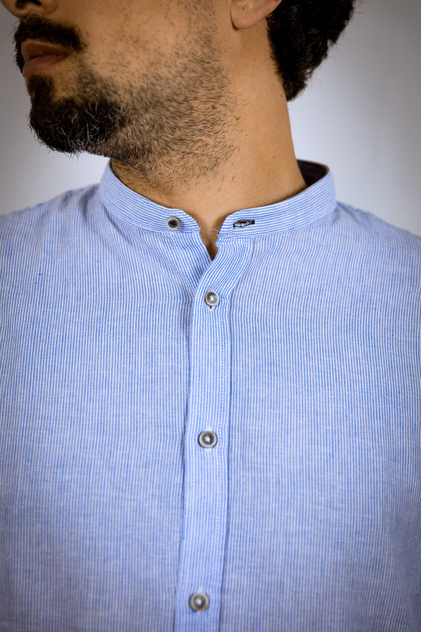 CAMICIA COREANO MISTO LINO BL11 MICRORIGHE BIANCA CELESTE