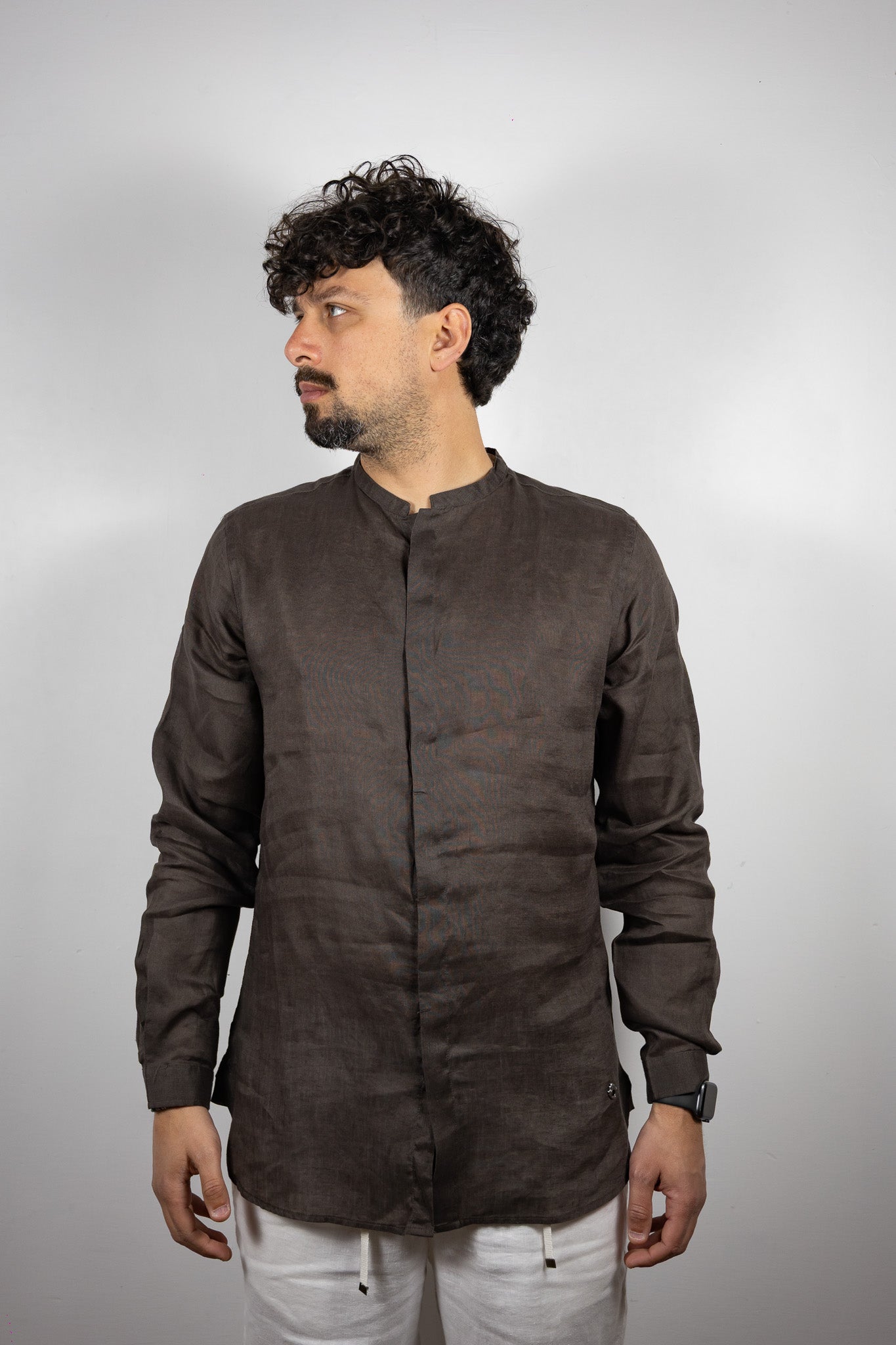 CAMICIA LINO COLLO COREANA BERNA MARRONE