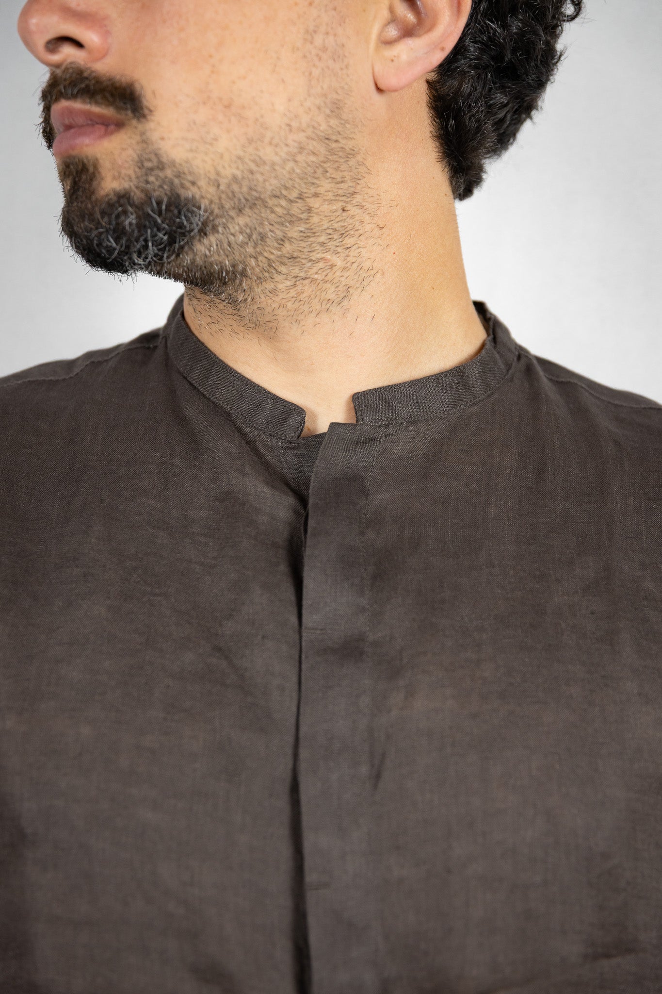 CAMICIA LINO COLLO COREANA BERNA MARRONE