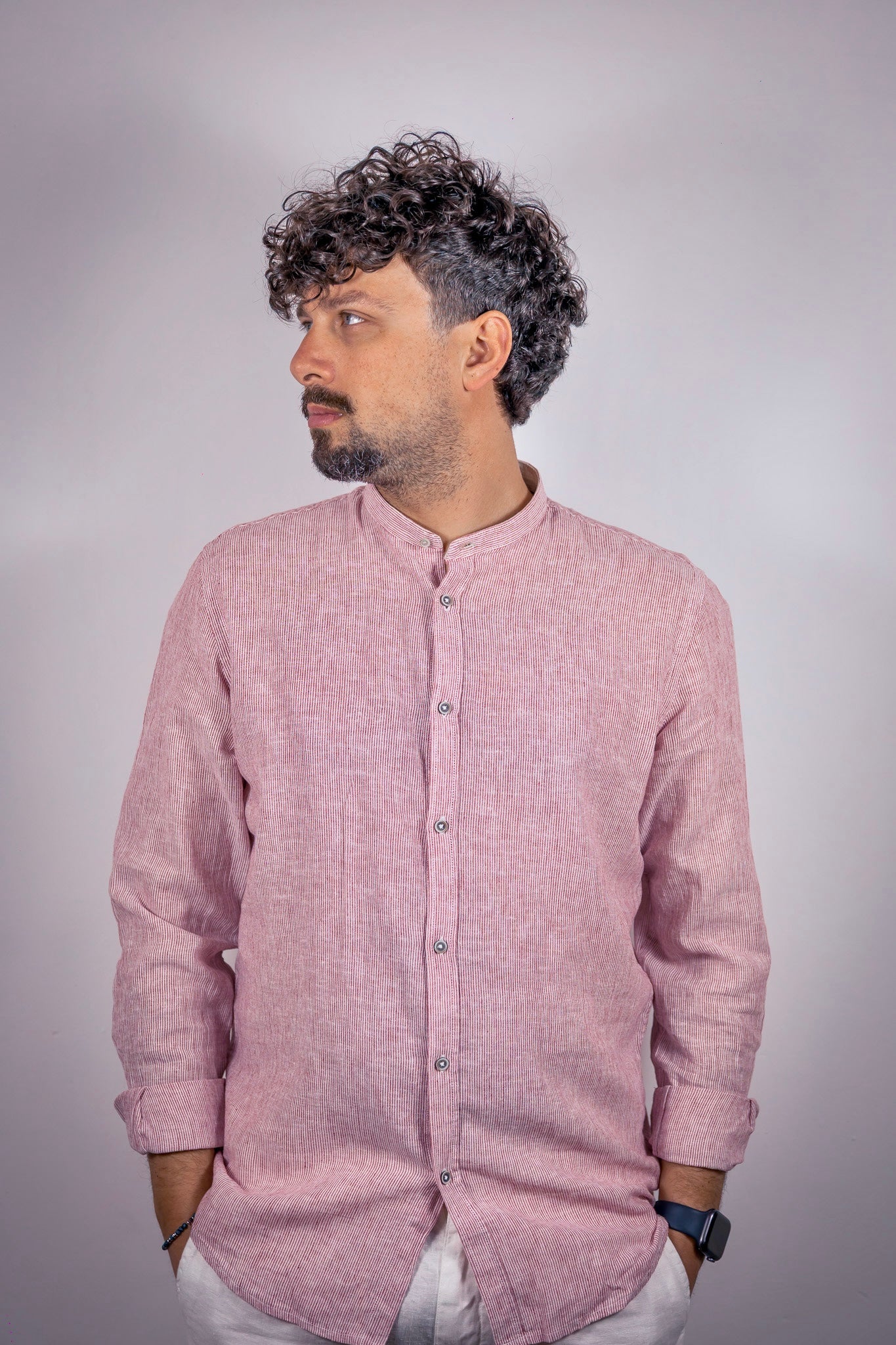 CAMICIA COREANO MISTO LINO BL11 MICRORIGHE BIANCO BORDEAUX