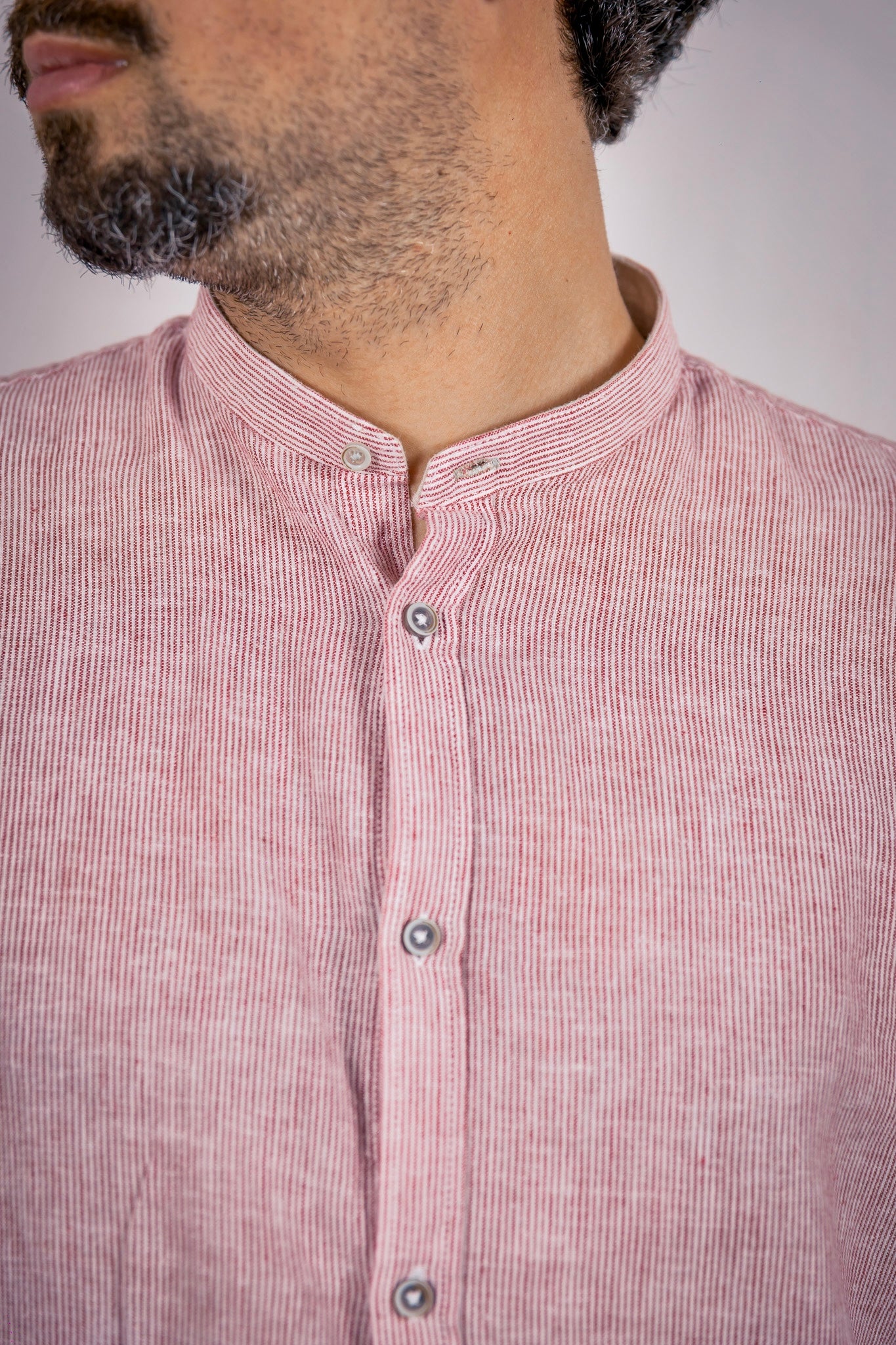 CAMICIA COREANO MISTO LINO BL11 MICRORIGHE BIANCO BORDEAUX